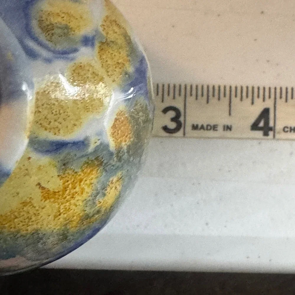 Kravec Studios Naples FL Studio Pottery Bud Vase Blue Yellow Abstract Glaze 3.5